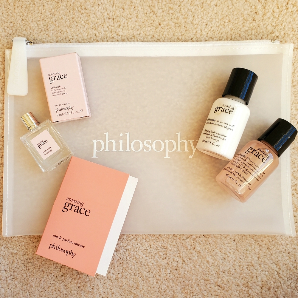 Philosophy Amazing Grace Intense Travel Gift Set 5pc Lot Body Lotion Pouch New